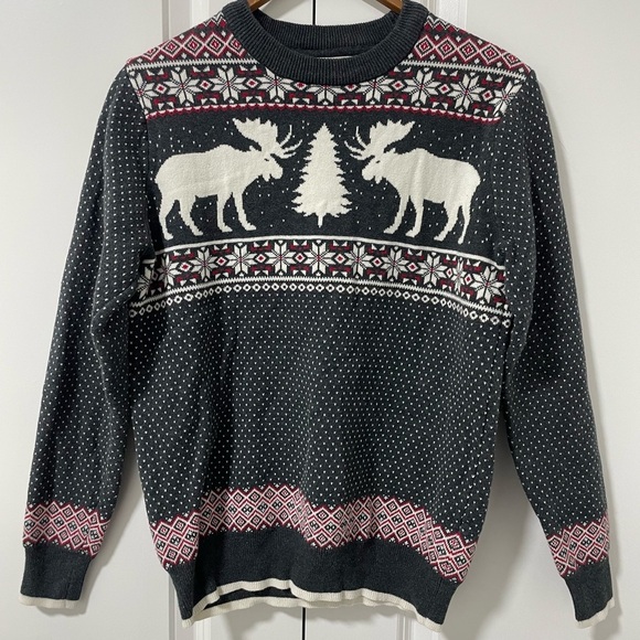 ASPEN - FAIR ISLE MOOSE SWEATER DARK GREY, RED& CREAM - Picture 1 of 4